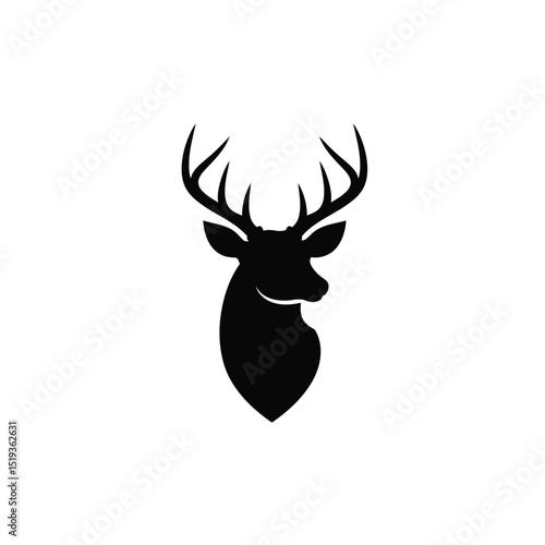 Elegant Black Silhouette of a Deer Head with Antlers on White Background