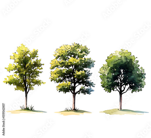Minimal style tree painting hand drawn, tree watercolor silhouettes shadow illustration, set of graphics trees elements drawing for architecture and landscape design