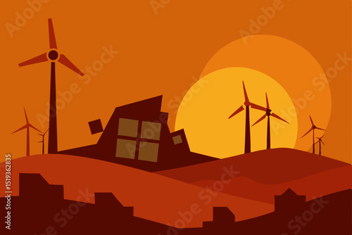 Wind turbines generate green energy against a vibrant sunset sky in the Dutch landscape