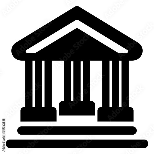 Building with three pillars and a triangular roof. The building is black and white. It is a bank