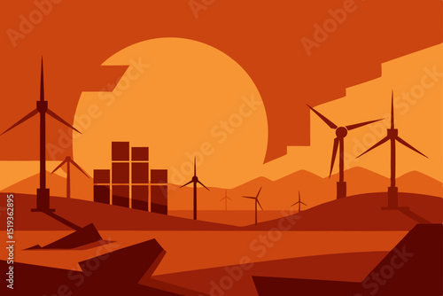 Silhouetted wind turbines generate clean power against a vibrant sunset sky, blending technology with nature