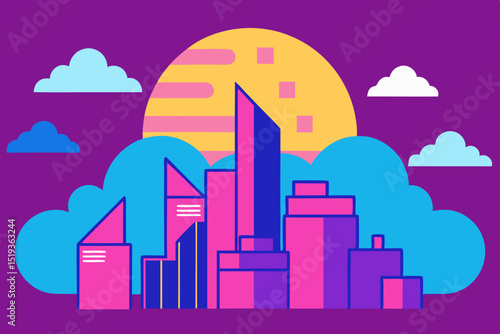 Vector illustration of an urban city skyline with mosque silhouette and diverse architectural buildings