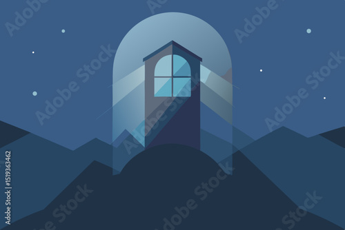 Night sky with moon and stars over a dark silhouette of a house and trees