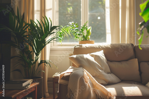 Minimalist Scandinavian living room with soft morning light, wooden accents, houseplants, and cozy textures. Airy interior, neutral colors