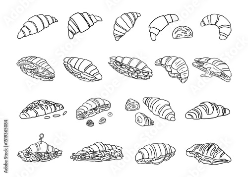 Large set of croissants in doodle style. Breakfast. French cuisine. French culture. Food. Great for menu design. Hand drawn