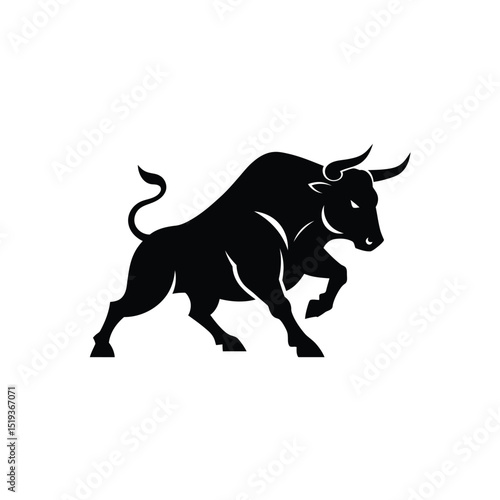 Powerful Black Bull Silhouette Charging Forward on White Background Illustration