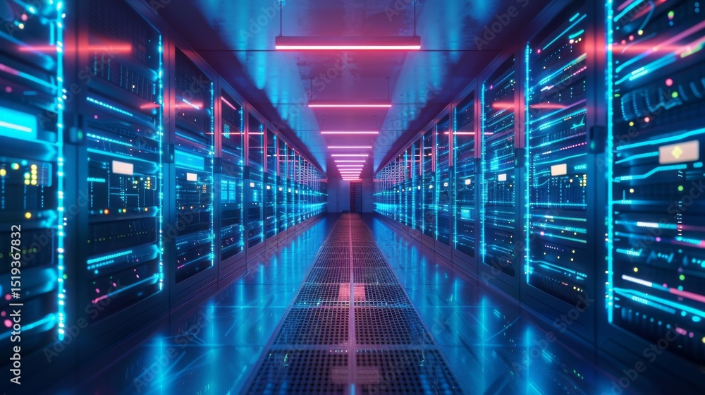 Futuristic Server Room Corridor Neon Lights Digital Technology Data Center Modern Infrastructure Powerful Network Technology Advanced Computing System Bright Blue Pink Illumination High Tech Servers Futuristic Server Room Corridor Neon Lights Digital Technology Data Center Modern Infrastructure Powerful Network Technology Advanced Computing System Bright Blue Pink Illumination High Tech Servers