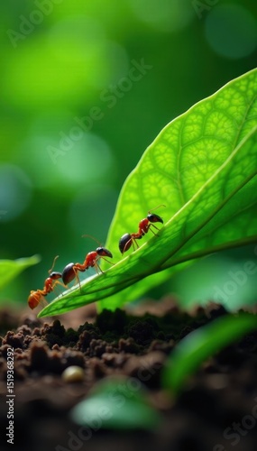 Ants transporting large green leaf, collaborative effort , insect life, natural world, working