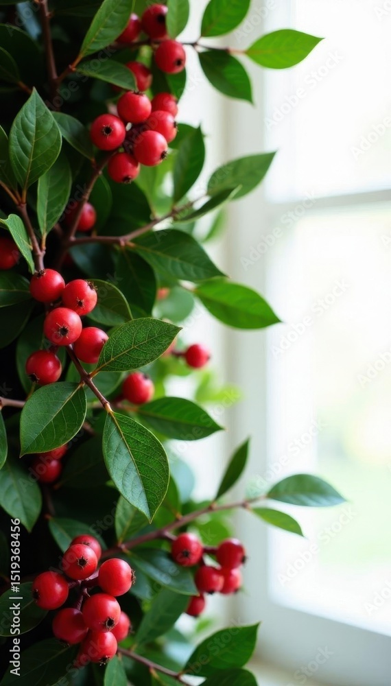 Obraz premium Crimson berries & vibrant green garland, seasonal home accents , red berries, leaves, nature