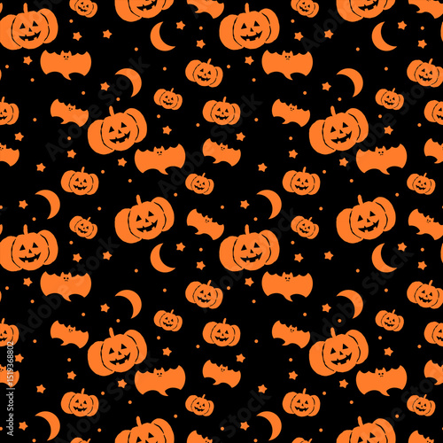 Seamless pattern Orange Halloween Jack-o'-Lantern and bat silhouette cartoon Illustration on black background