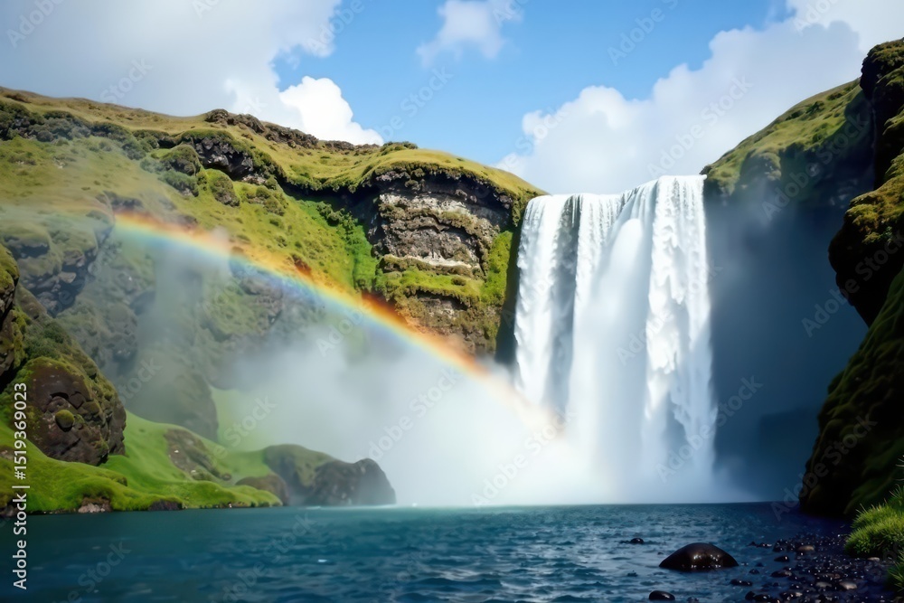 Fototapeta premium Rainbow arcing over cascading waterfall, mist-shrouded , calm, hope