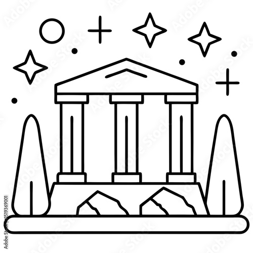 Ancient ruins with runes line art vector illustration 