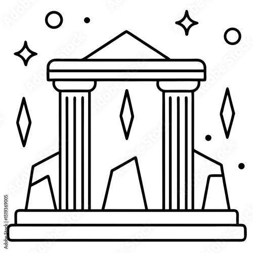 Ancient ruins with runes line art vector illustration 
