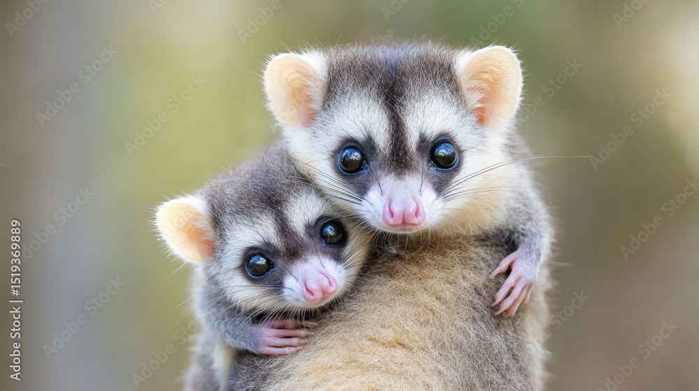 Fototapeta premium A baby possum clinging tightly to its mothers back as she moves through the trees