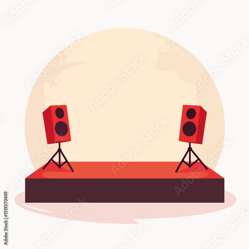 Stage for local bands with red and white speaker decorations. This stage setup includes two vibrant red speakers on stands, perfect for small music venues.