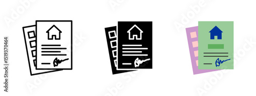 Real estate contract icon. Signed housing document with property symbol vector illustration. Legal agreement and mortgage paper symbol. Official document for home deal sign. Property form pictogram.