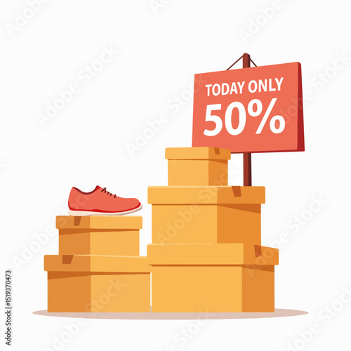 Shoe sale announcement with 50% off today only sign next to stack of shoeboxes. Stack of cardboard shoe boxes with a single red shoe on top.