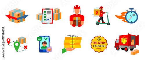Delivery service icon set. Courier, parcel tracking, express transport, shipping route and logistics colorful elements. Transportation colored symbol. Fast delivery sign. Ecommerce logistics pictogram