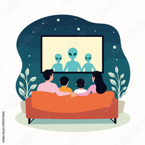 Family movie night with parents and children watching sci-fi film about alien visitors on TV.  Home entertainment includes family watching exciting movie about extraterrestrial life together.