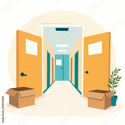 Dorm hallway with name tags on doors and open boxes.  Students moving in with personal belongings. Boxes and plants add a homely touch to this dorm hallway.  Perfect image for college brochures,