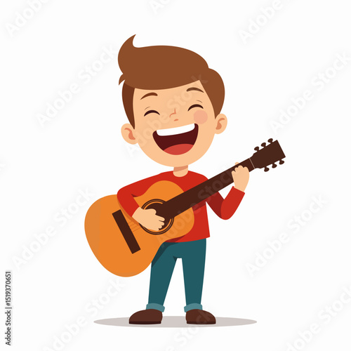 Happy boy playing toy guitar with big smile. Child serenading with musical instrument. Illustration perfect for father's day cards, children's books, or music school brochures.