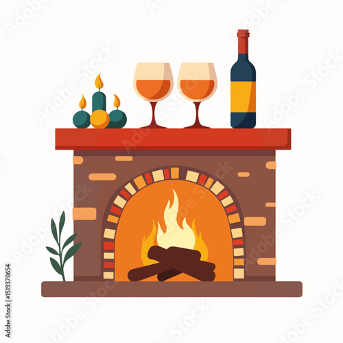 Cozy fireplace scene with wine glasses and bottle. Fireplace mantel features two glasses of wine, bottle of wine, and candles.