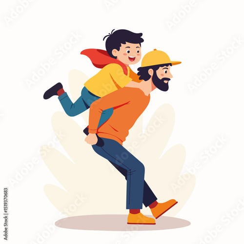 Happy father giving piggyback ride to his son. Dad and son enjoying playful moment outdoors.  Adorable child on dads back for a fun adventure.
