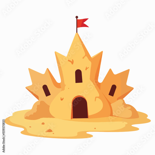 Maple leaf sandcastle on sunny beach. Sandcastle building is fun summer activity for kids. This detailed sandcastle illustration is perfect for travel brochures and postcards.