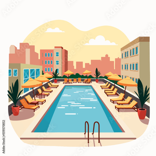 Rooftop pool party scene in city with buildings. Summer rooftop pool party features lounge chairs and umbrellas.