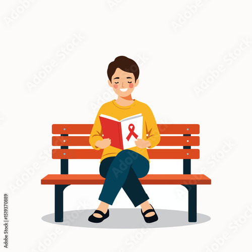 Person reading HIV awareness brochure on park bench.  Informative educational booklet with red ribbon symbol.  This illustration is perfect for health campaigns and awareness initiatives.