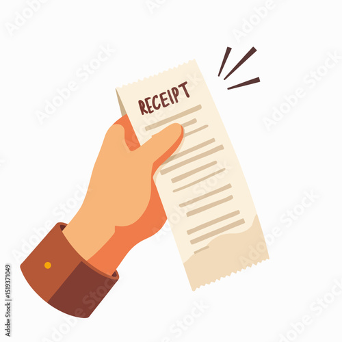 Shocked hand holding extremely long receipt.  Person is surprised by incredibly high bill cost.  This illustration is perfect for creating marketing materials about unexpected expenses.