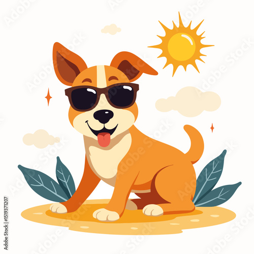 Cute dog sunbathing on porch wearing sunglasses. Happy puppy enjoys summer day relaxing outdoors.  Adorable dog image perfect for pet blogs, greeting cards, and social media posts.