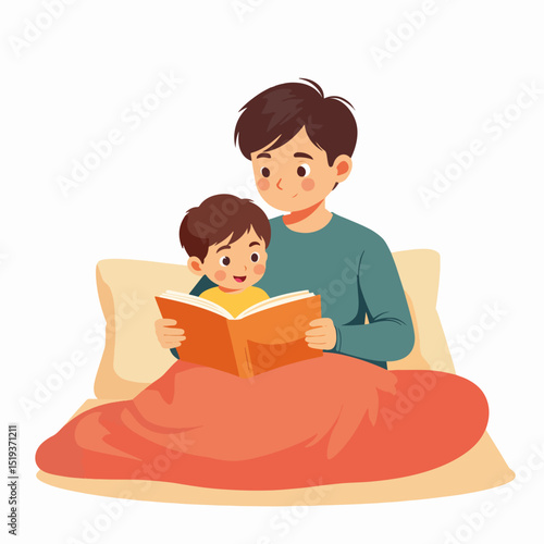 Father reading bedtime story to his child on lap. Dad and son snuggled under blanket enjoy quality time together reading book.