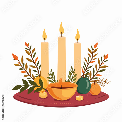 Decorated solstice altar with candles herbs and symbols. Autumnal solstice arrangement includes three burning candles, herbs, and seasonal fruits.