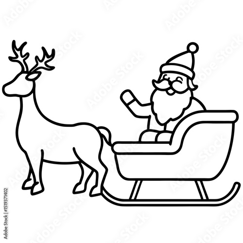 Cartoon Christmas vector illustration of Santa Claus with reindeer and sleigh