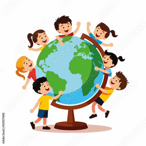 Happy children surrounding classroom globe.  Kids pointing at their home countries on world map.  Illustrative image perfect for educational posters, children's books, and global awareness campaigns.