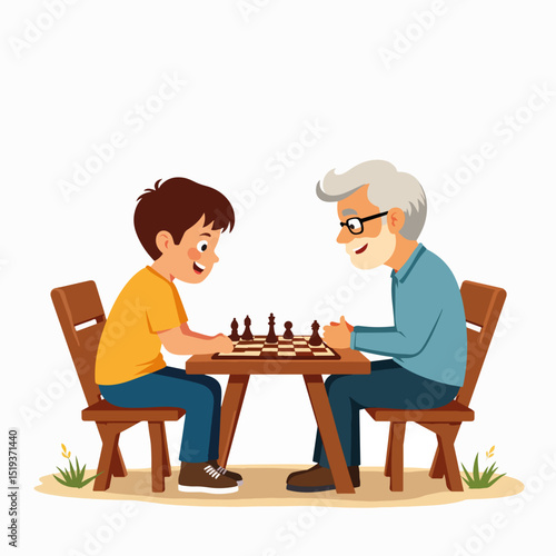 Grandfather and grandson playing chess outdoors on a sunny day.  Boy and elderly man enjoying a friendly chess match.