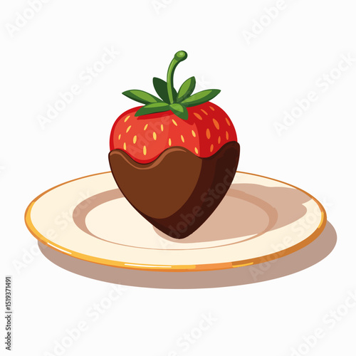 Chocolate-covered strawberry on elegant dessert plate.  Single dipped strawberry in rich dark chocolate sits on small, ornate plate. This image is perfect for dessert menus,