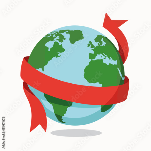Cartoon globe wrapped in red ribbon. Global connection concept image with earth and ribbon design. Perfect for presentations, social media, and website banners.