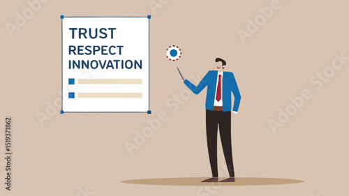 Man presenting trust respect innovation on a chart with a pointer in a business setting illustration