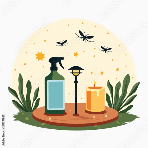 Mosquito repellent spray bottle and citronella candle on patio table for peaceful summer evenings.  Insect repellent and candle create relaxing atmosphere on wooden tray.