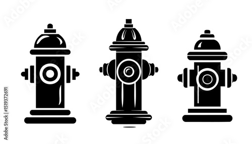 Vector illustration featuring three black fire hydrant icons in different styles, ideal for emergency, fire safety, or infrastructure design.
