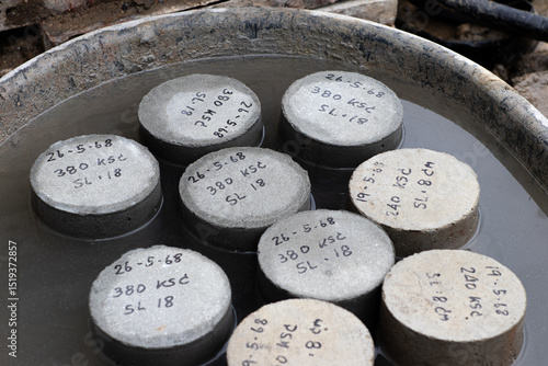 фотографія Concrete Cylinders Curing Process by Water in Concrete Mixer Bucket