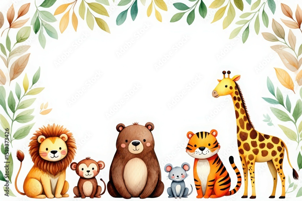 Naklejka premium Adorable watercolor animals with leaf border