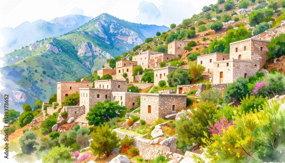 Fototapeta premium Colorful Watercolor Style Mountain Village Landscape