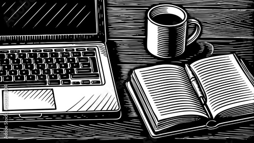 A hand-drawn sketch vector of office desk essentials (laptop, notebook, pen, coffee mug), black and white, line art style