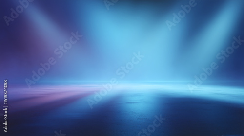 Blue light background with radiant fog and smooth reflective floor creating calm and mysterious atmosphere in clean empty space