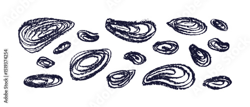 Oysters, mussels sketch. Seashells icon. Hand draw