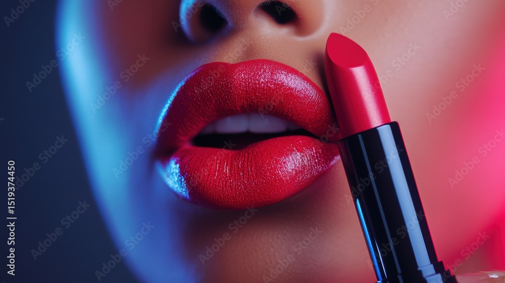 Obraz premium A close-up of a lipstick bullet gliding smoothly over lips, leaving a bold and vibrant color