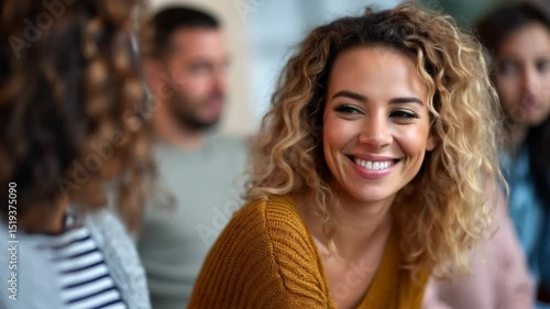 Curly-haired blonde woman in mustard sweater smiling sideways while sitting among a group indoors